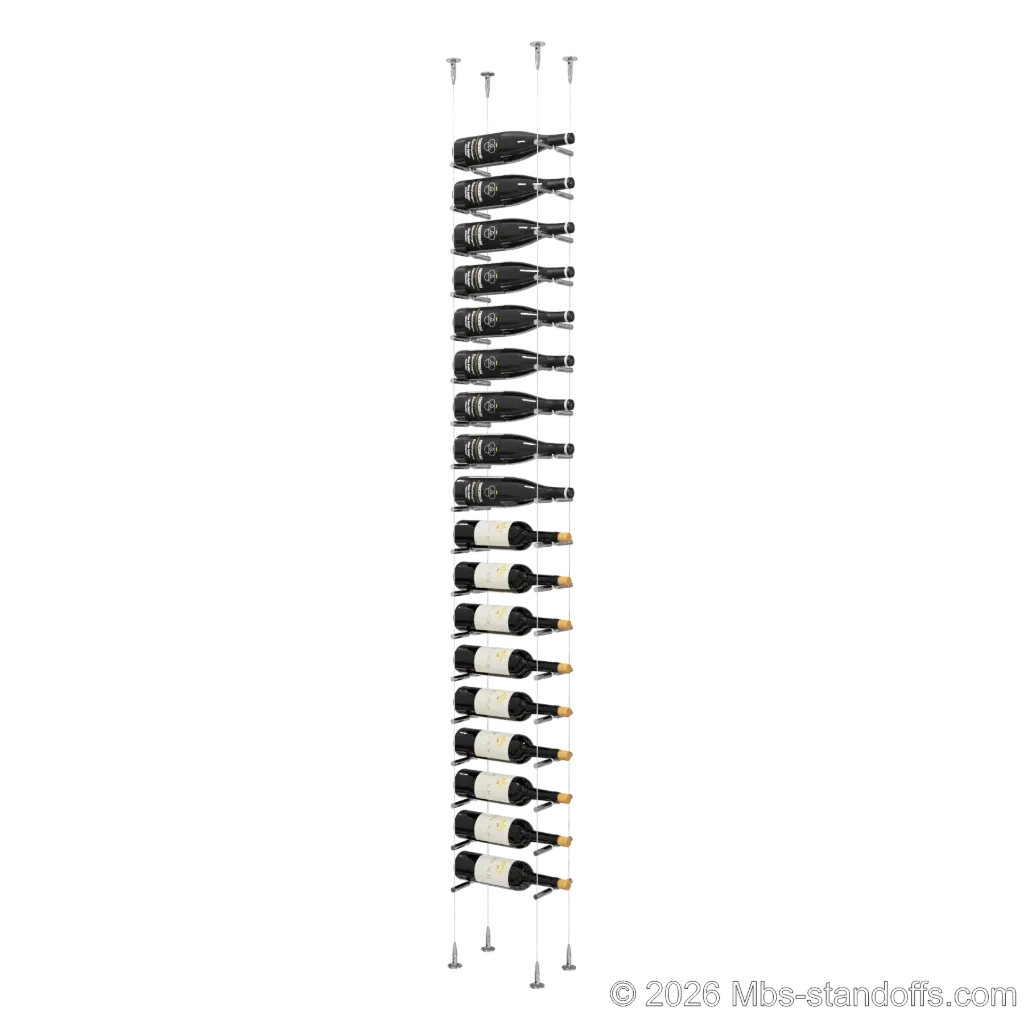 Merlot - Sonoma Collection Bottle Display Peg Kit With "O" Ring, 18-Bottle Capacity, Floating Cable System, Pegs: 1/2″ × 6" with Chrome Mirror Finish