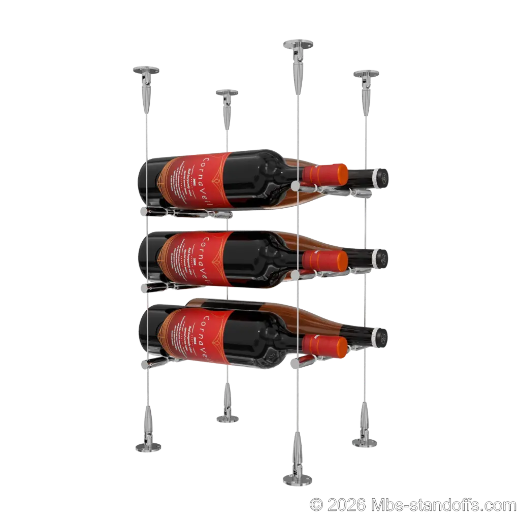 Merlot - Sonoma Collection Bottle Display Peg Kit With "O" Ring, 6-Bottle (2x3) Capacity, Floating Cable System, Pegs: 1/2″ × 7-1/2" with Chrome Mirror Finish