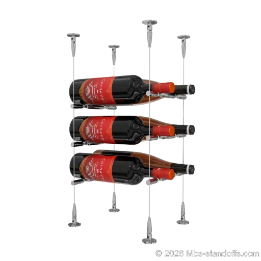 [SCS15CP-PCWR2050CP-K3] Merlot - Sonoma Collection Bottle Display Peg Kit With "O" Ring, 6-Bottle (2x3) Capacity, Floating Cable System, Pegs: 1/2″ × 7-1/2" with Chrome Mirror Finish