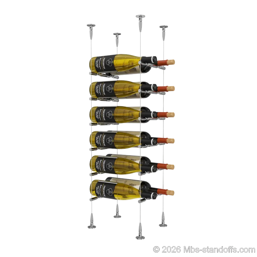 Merlot - Sonoma Collection Bottle Display Peg Kit With "O" Ring, 12-Bottle (2x6) Capacity, Floating Cable System, Pegs: 1/2″ × 7-1/2" with Chrome Mirror Finish