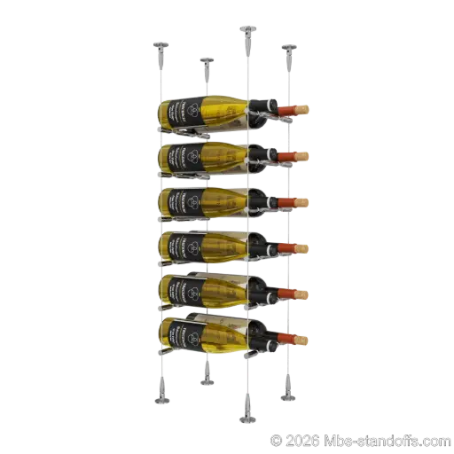 [SCS15CP-PCWR2050CP-K6] Merlot - Sonoma Collection Bottle Display Peg Kit With "O" Ring, 12-Bottle (2x6) Capacity, Floating Cable System, Pegs: 1/2″ × 7-1/2" with Chrome Mirror Finish