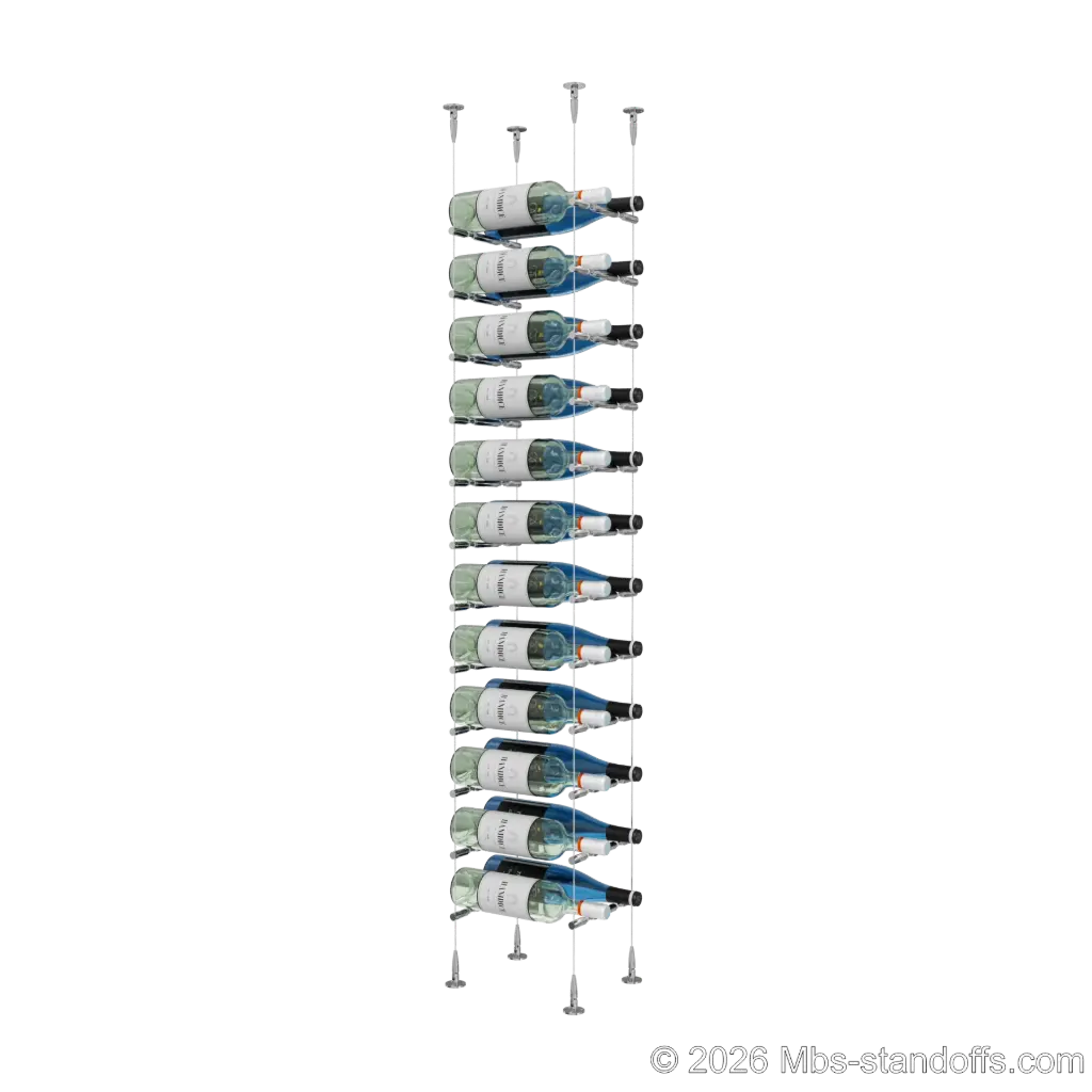 Merlot - Sonoma Collection Bottle Display Peg Kit With "O" Ring, 24-Bottle (2x12) Capacity, Floating Cable System, Pegs: 1/2″ × 7-1/2" with Chrome Mirror Finish