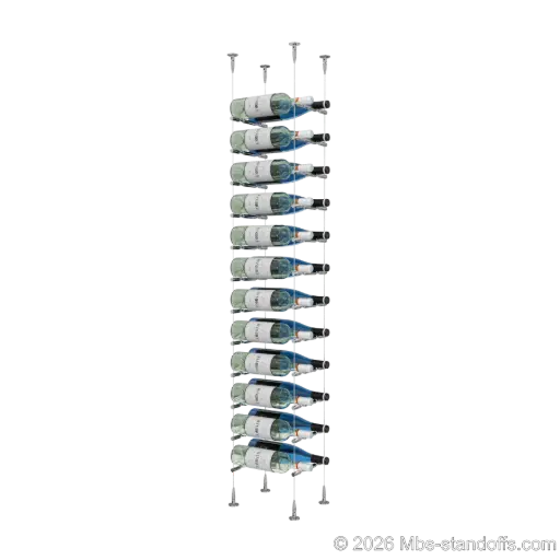 [SCS15CP-PCWR2050CP-K12] Merlot - Sonoma Collection Bottle Display Peg Kit With "O" Ring, 24-Bottle (2x12) Capacity, Floating Cable System, Pegs: 1/2″ × 7-1/2" with Chrome Mirror Finish