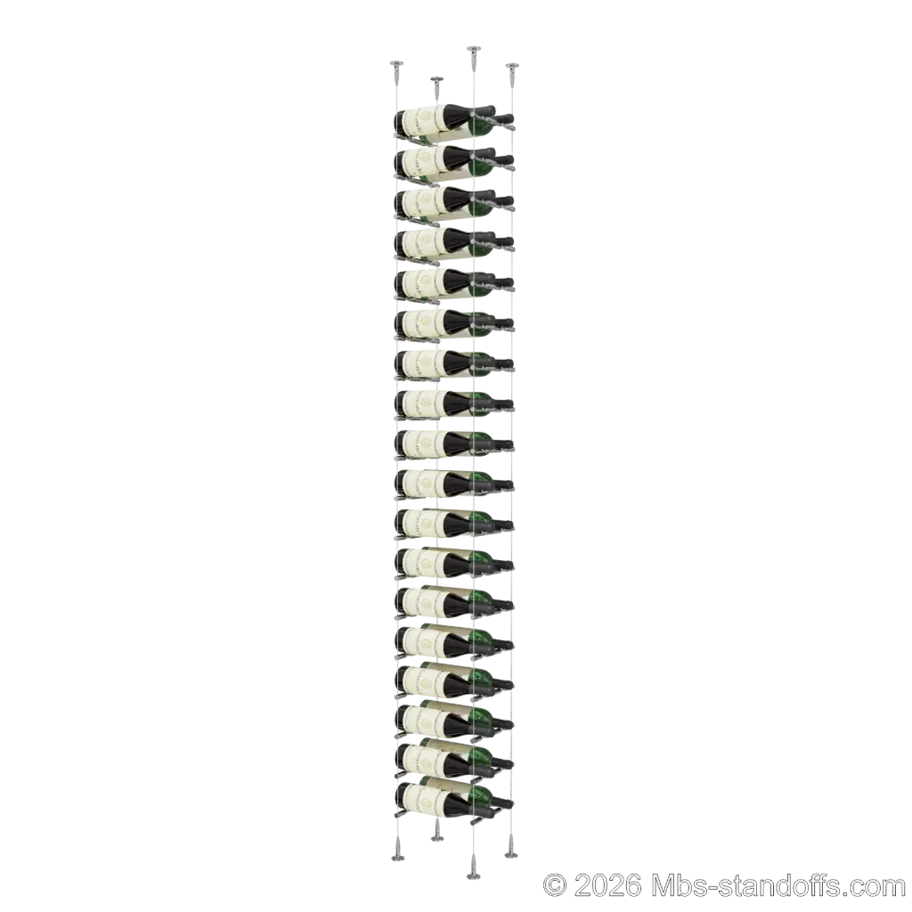 Merlot - Sonoma Collection Bottle Display Peg Kit With "O" Ring, 36-Bottle (2x18) Capacity, Floating Cable System, Pegs: 1/2″ × 7-1/2" with Chrome Mirror Finish
