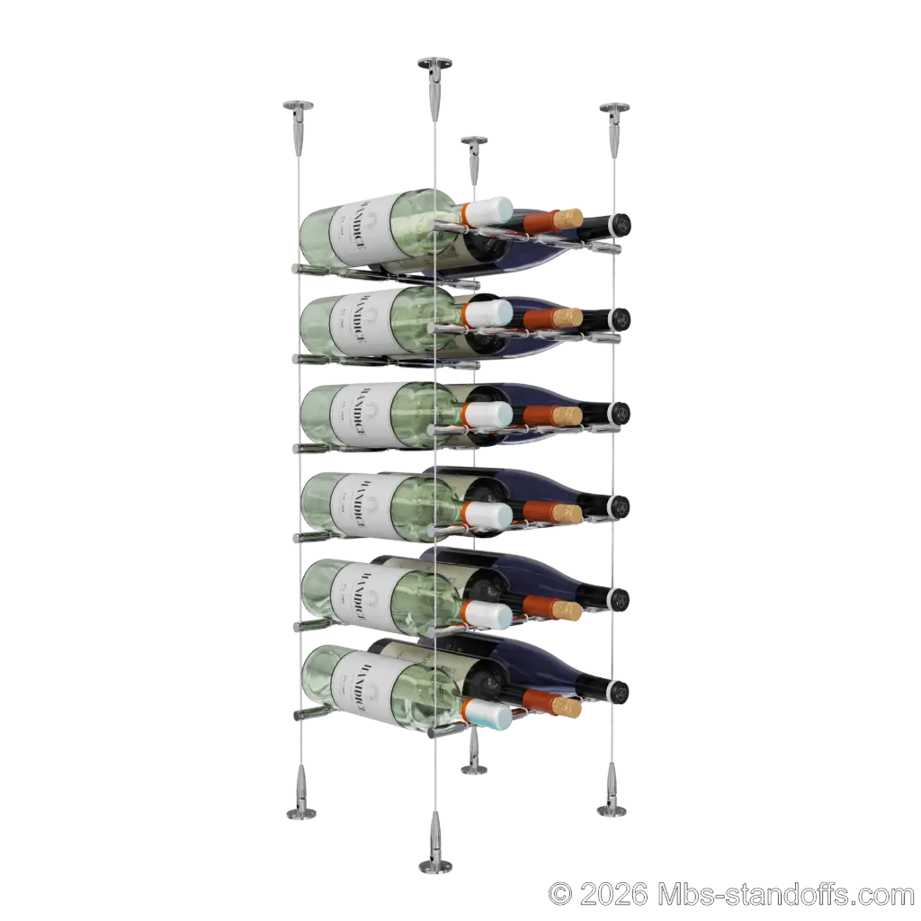 Merlot - Sonoma Collection Bottle Display Peg Kit With "O" Ring, 18-Bottle (3x6) Capacity, Floating Cable System, Pegs: 1/2″ × 11-1/2" with Chrome Mirror Finish