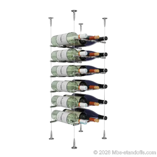 [SCS15CP-PCWR3050CP-K6] Merlot - Sonoma Collection Bottle Display Peg Kit With "O" Ring, 18-Bottle (3x6) Capacity, Floating Cable System, Pegs: 1/2″ × 11-1/2" with Chrome Mirror Finish