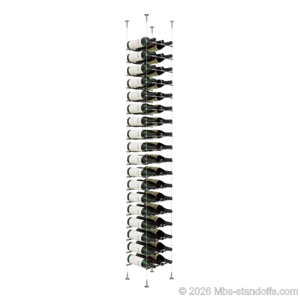 Merlot - Sonoma Collection Bottle Display Peg Kit With "O" Ring, 54-Bottle (3x18) Capacity, Floating Cable System, Pegs: 1/2″ × 11-1/2" with Chrome Mirror Finish