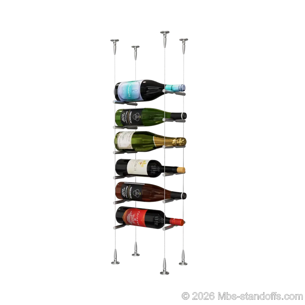 Merlot - Sonoma Collection Bottle Display Peg Kit, 6-Bottle Capacity, Floating Cable System, Pegs: 1/2″ × 6" with Satin Brushed Finish