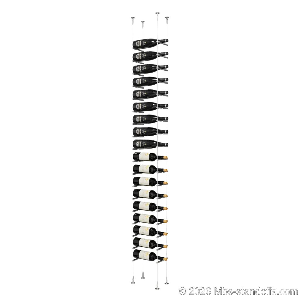Merlot - Sonoma Collection Bottle Display Peg Kit, 18-Bottle Capacity, Floating Cable System, Pegs: 1/2″ × 6" with Satin Brushed Finish