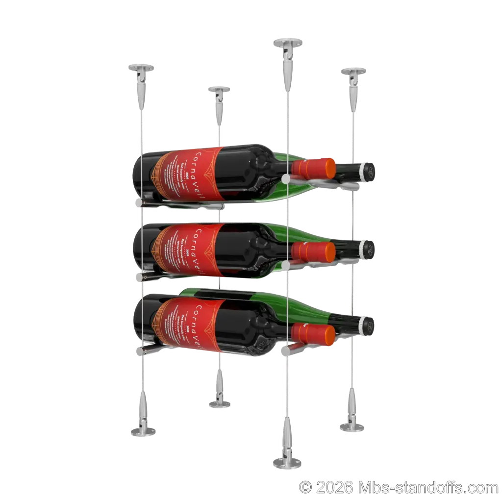 Merlot - Sonoma Collection Bottle Display Peg Kit, 6-Bottle (2x3) Capacity, Floating Cable System, Pegs: 1/2″ × 7-1/2" with Satin Brushed Finish