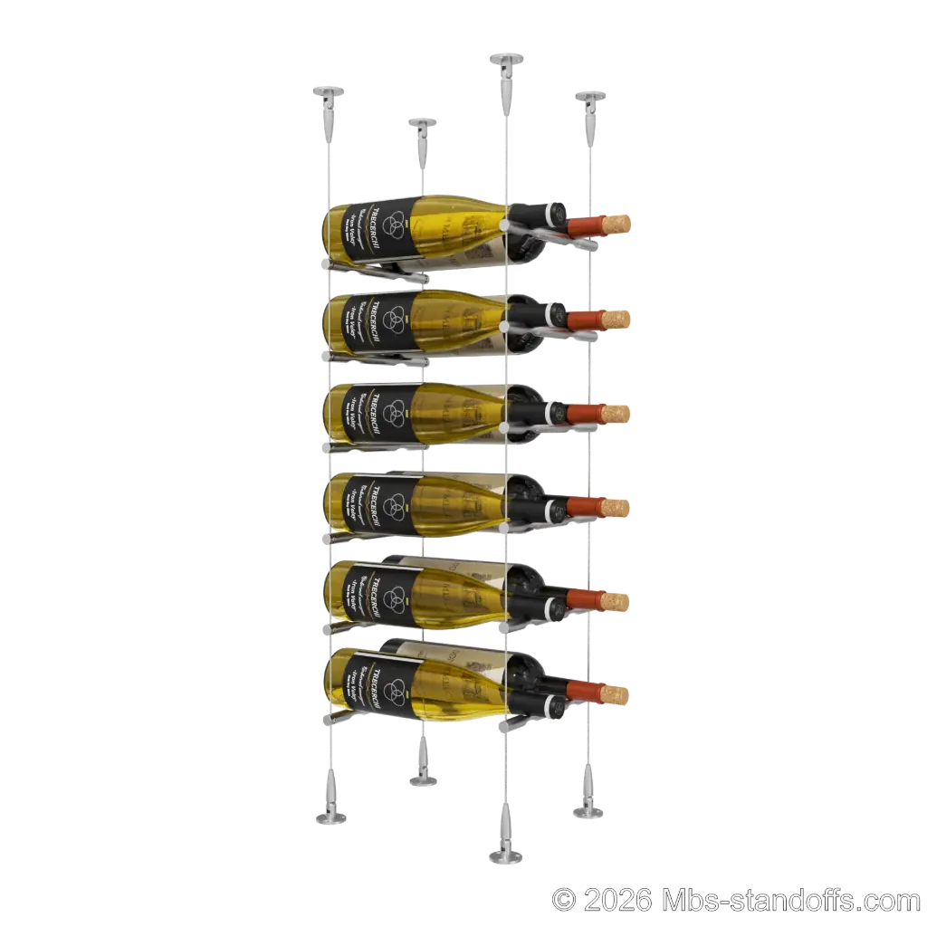 Merlot - Sonoma Collection Bottle Display Peg Kit, 12-Bottle (2x6) Capacity, Floating Cable System, Pegs: 1/2″ × 7-1/2" with Satin Brushed Finish