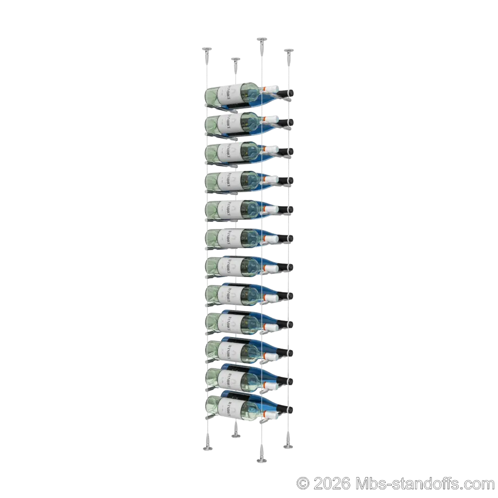 Merlot - Sonoma Collection Bottle Display Peg Kit, 24-Bottle (2x12) Capacity, Floating Cable System, Pegs: 1/2″ × 7-1/2" with Satin Brushed Finish
