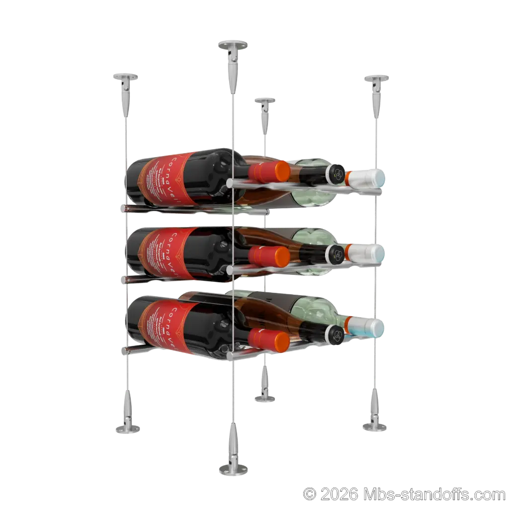 Merlot - Sonoma Collection Bottle Display Peg Kit, 9-Bottle (3x3) Capacity, Floating Cable System, Pegs: 1/2″ × 11-1/2" with Satin Brushed Finish