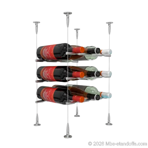 [SCS15SS-PCW3050S-K3] Merlot - Sonoma Collection Bottle Display Peg Kit, 9-Bottle (3x3) Capacity, Floating Cable System, Pegs: 1/2″ × 11-1/2" with Satin Brushed Finish