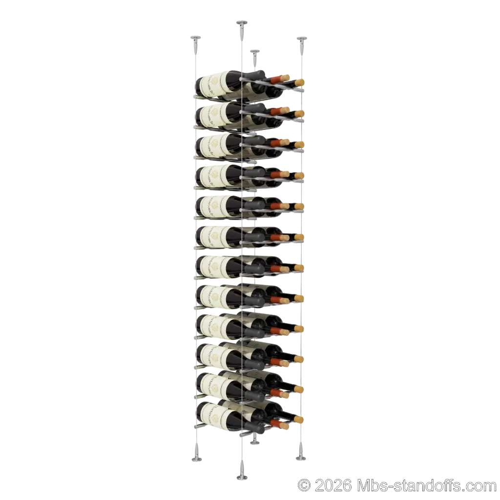 Merlot - Sonoma Collection Bottle Display Peg Kit, 36-Bottle (3x12) Capacity, Floating Cable System, Pegs: 1/2″ × 11-1/2" with Satin Brushed Finish