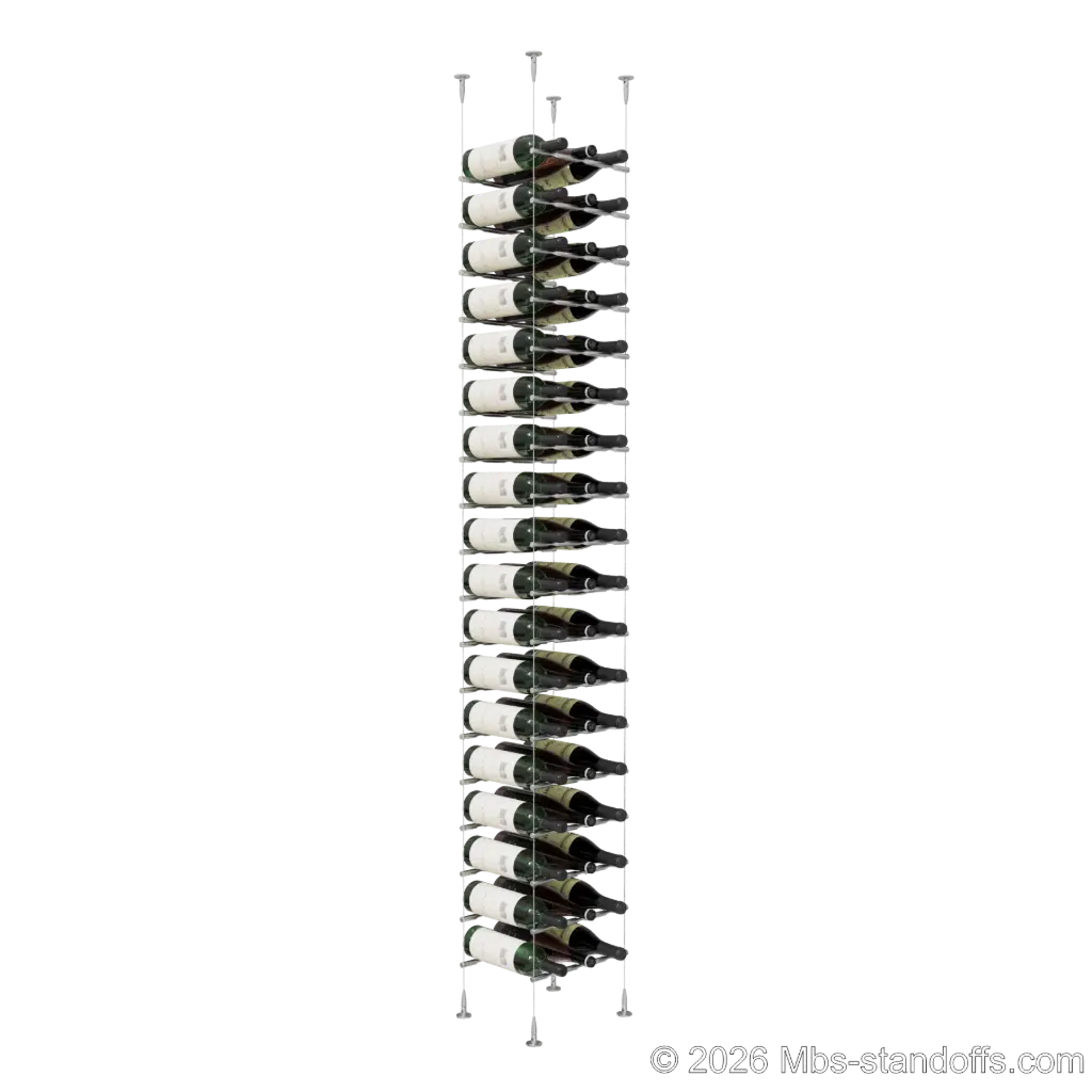 Merlot - Sonoma Collection Bottle Display Peg Kit, 54-Bottle (3x18) Capacity, Floating Cable System, Pegs: 1/2″ × 11-1/2" with Satin Brushed Finish