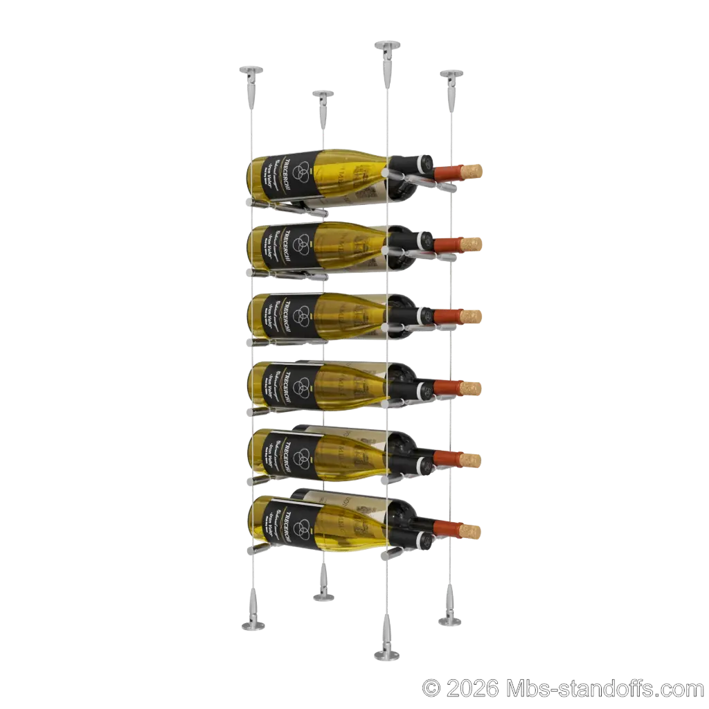 Merlot - Sonoma Collection Bottle Display Peg Kit With "O" Ring, 12-Bottle (2x6) Capacity, Floating Cable System, Pegs: 1/2″ × 7-1/2" with Satin Brushed Finish