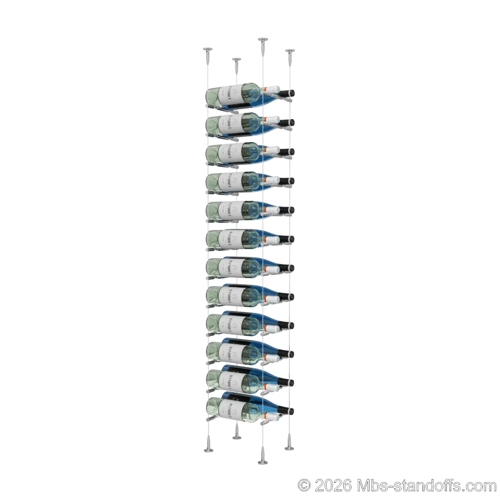 Merlot - Sonoma Collection Bottle Display Peg Kit With "O" Ring, 24-Bottle (2x12) Capacity, Floating Cable System, Pegs: 1/2″ × 7-1/2" with Satin Brushed Finish