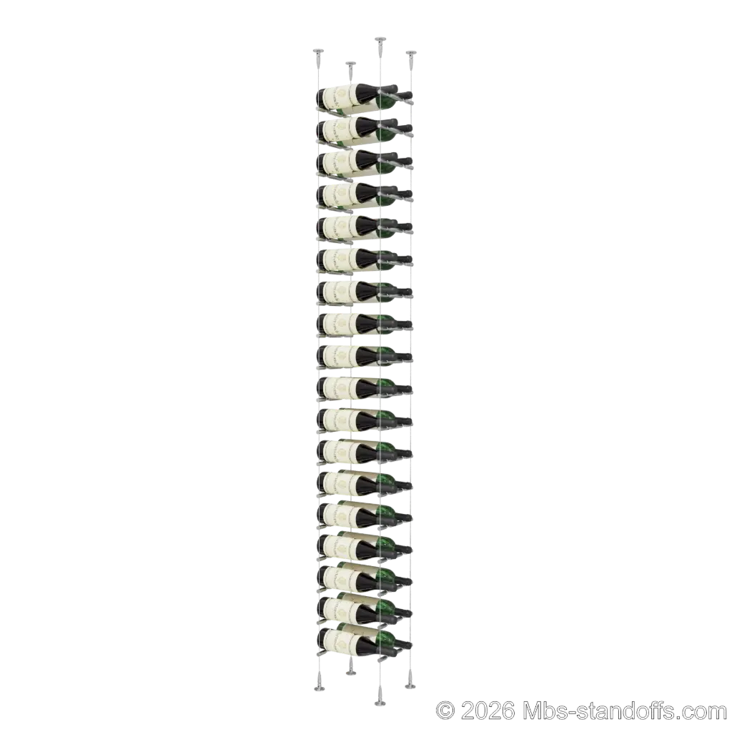 Merlot - Sonoma Collection Bottle Display Peg Kit With "O" Ring, 36-Bottle (2x18) Capacity, Floating Cable System, Pegs: 1/2″ × 7-1/2" with Satin Brushed Finish