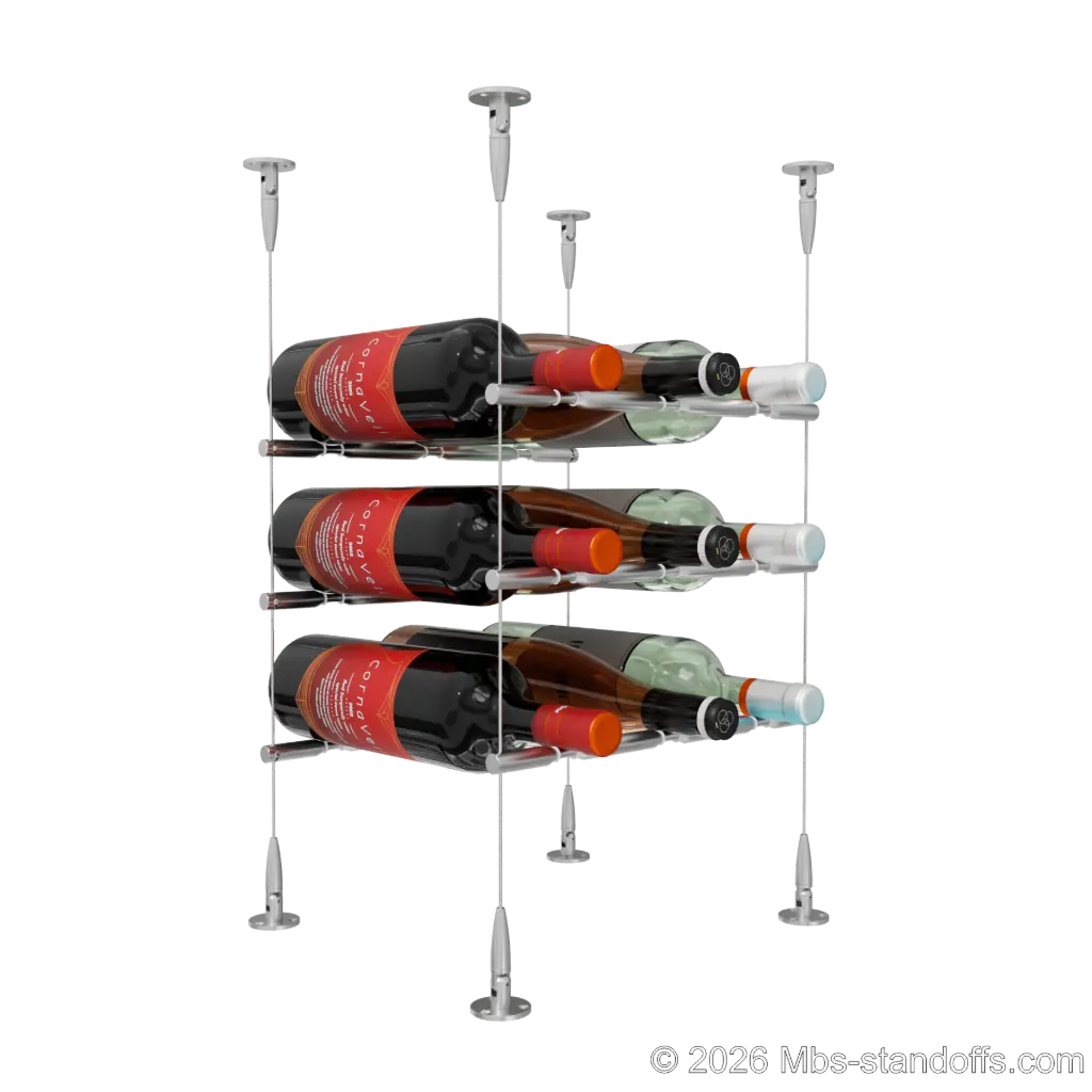 Merlot - Sonoma Collection Bottle Display Peg Kit With "O" Ring, 9-Bottle (3x3) Capacity, Floating Cable System, Pegs: 1/2″ × 11-1/2" with Satin Brushed Finish
