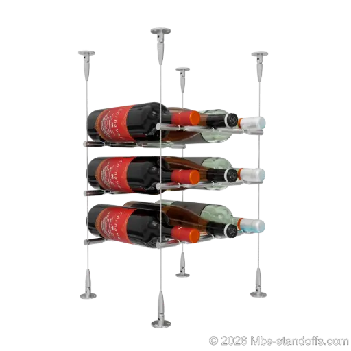 [SCS15SS-PCWR3050S-K3] Merlot - Sonoma Collection Bottle Display Peg Kit With "O" Ring, 9-Bottle (3x3) Capacity, Floating Cable System, Pegs: 1/2″ × 11-1/2" with Satin Brushed Finish