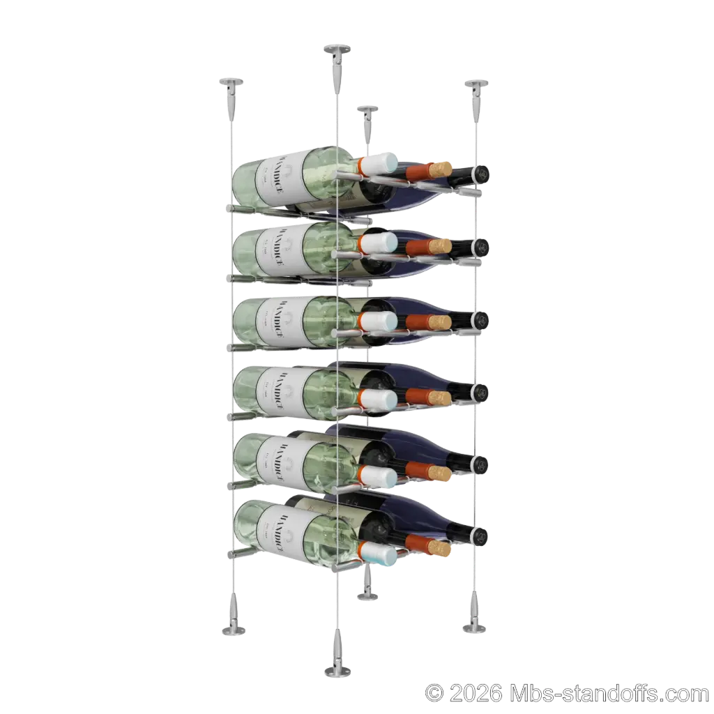 Merlot - Sonoma Collection Bottle Display Peg Kit With "O" Ring, 18-Bottle (3x6) Capacity, Floating Cable System, Pegs: 1/2″ × 11-1/2" with Satin Brushed Finish