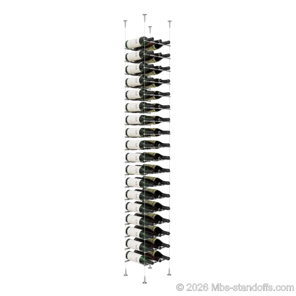 Merlot - Sonoma Collection Bottle Display Peg Kit With "O" Ring, 54-Bottle (3x18) Capacity, Floating Cable System, Pegs: 1/2″ × 11-1/2" with Satin Brushed Finish