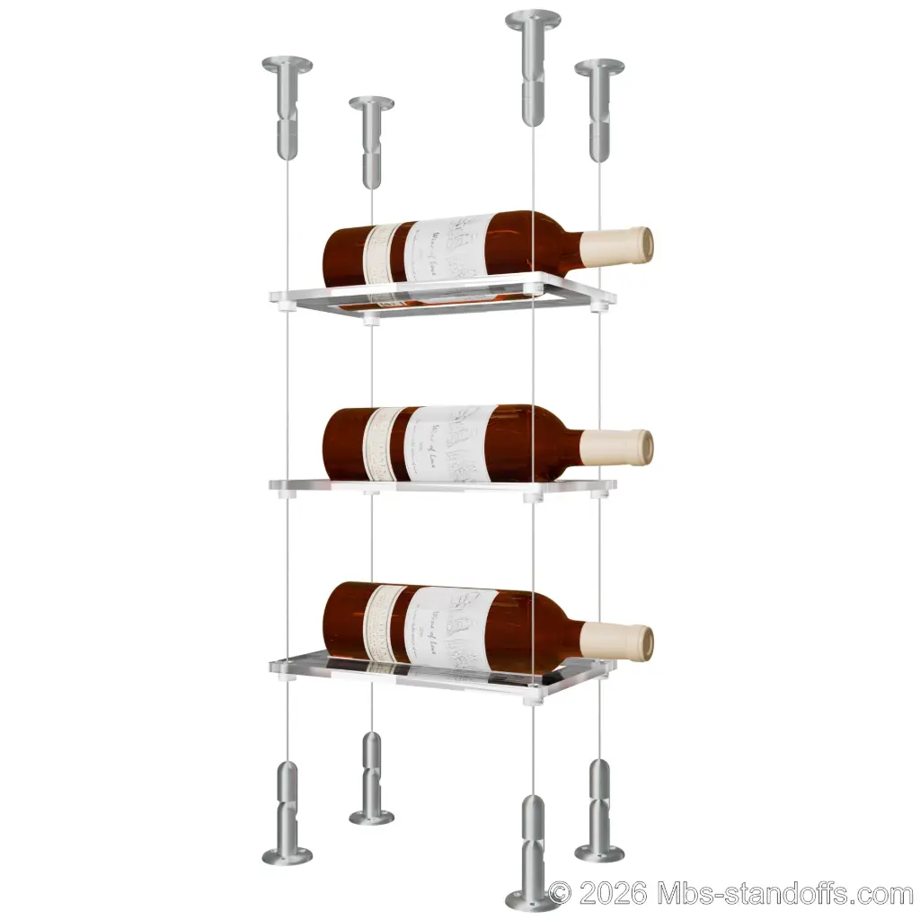 Sauvignon - Loire Collection Bottle Display Cable Cradle Kit, 3-Bottle Capacity, Floating Cable System, 1-Bottle Flat Acrylic Cradle, Cable: 1/16″ Diameter, 13′-1″ Length with Clear Anodized Hanger