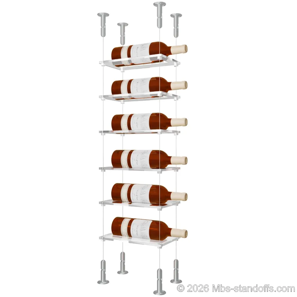 Sauvignon - Loire Collection Bottle Display Cable Cradle Kit, 6-Bottle Capacity, Floating Cable System, 1-Bottle Flat Acrylic Cradle, Cable: 1/16″ Diameter, 13′-1″ Length with Clear Anodized Hanger