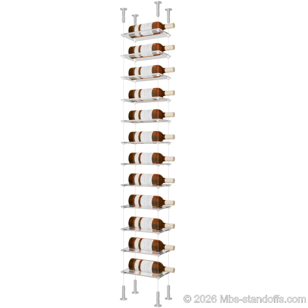 Sauvignon - Loire Collection Bottle Display Cable Cradle Kit, 12-Bottle Capacity, Floating Cable System, 1-Bottle Flat Acrylic Cradle, Cable: 1/16″ Diameter, 13′-1″ Length with Clear Anodized Hanger