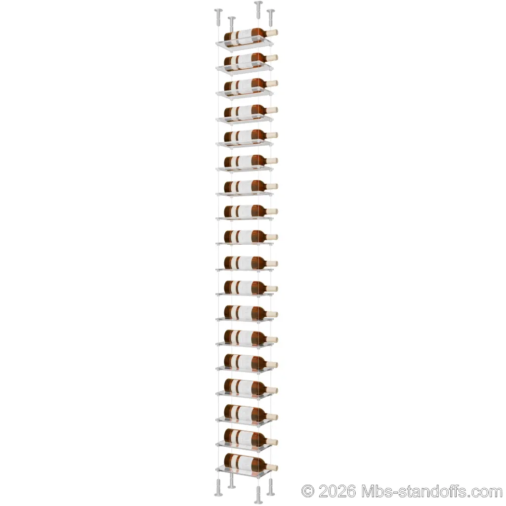 Sauvignon - Loire Collection Bottle Display Cable Cradle Kit, 18-Bottle Capacity, Floating Cable System, 1-Bottle Flat Acrylic Cradle, Cable: 1/16″ Diameter, 13′-1″ Length with Clear Anodized Hanger