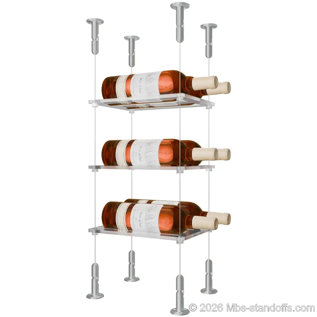 Sauvignon - Loire Collection Bottle Display Cable Cradle Kit, 6-Bottle (2x3) Capacity, Floating Cable System, 2-Bottle Flat Acrylic Cradle, Cable: 1/16″ Diameter, 13′-1″ Length with Clear Anodized Hanger