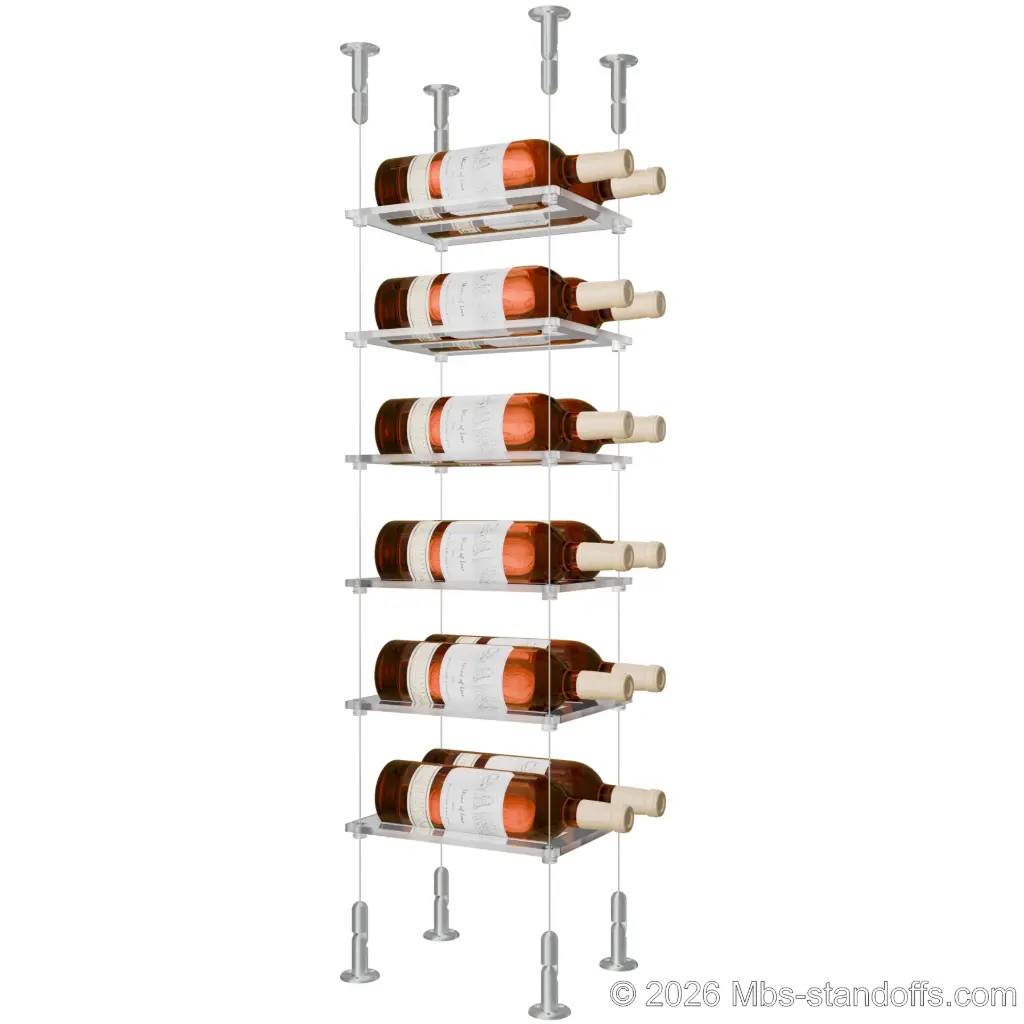 Sauvignon - Loire Collection Bottle Display Cable Cradle Kit, 12-Bottle (2x6) Capacity, Floating Cable System, 2-Bottle Flat Acrylic Cradle, Cable: 1/16″ Diameter, 13′-1″ Length with Clear Anodized Hanger