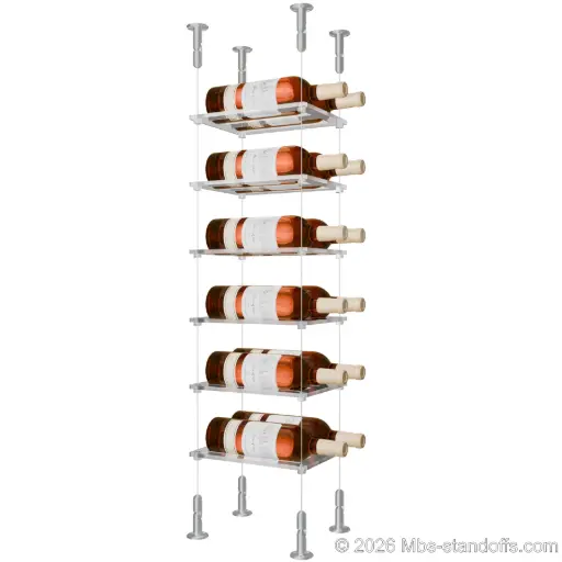 [CS15A-CF02C-K6] Sauvignon - Loire Collection Bottle Display Cable Cradle Kit, 12-Bottle (2x6) Capacity, Floating Cable System, 2-Bottle Flat Acrylic Cradle, Cable: 1/16″ Diameter, 13′-1″ Length with Clear Anodized Hanger