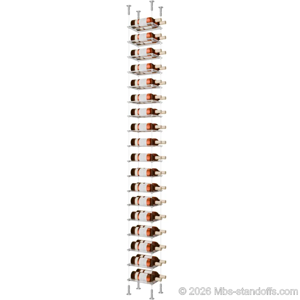 Sauvignon - Loire Collection Bottle Display Cable Cradle Kit, 36-Bottle (2x18) Capacity, Floating Cable System, 2-Bottle Flat Acrylic Cradle, Cable: 1/16″ Diameter, 13′-1″ Length with Clear Anodized Hanger