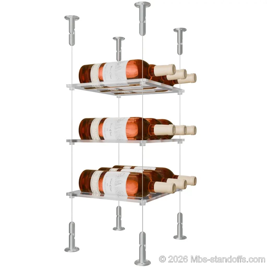 Sauvignon - Loire Collection Bottle Display Cable Cradle Kit, 9-Bottle (3x3) Capacity, Floating Cable System, 3-Bottle Flat Acrylic Cradle, Cable: 1/16″ Diameter, 13′-1″ Length with Clear Anodized Hanger