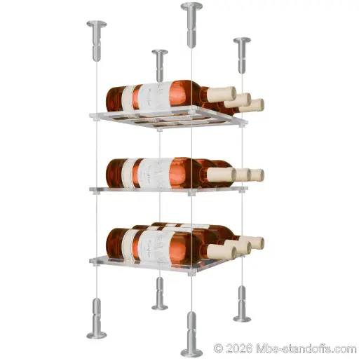 [CS15A-CF03C-K3] Sauvignon - Loire Collection Bottle Display Cable Cradle Kit, 9-Bottle (3x3) Capacity, Floating Cable System, 3-Bottle Flat Acrylic Cradle, Cable: 1/16″ Diameter, 13′-1″ Length with Clear Anodized Hanger