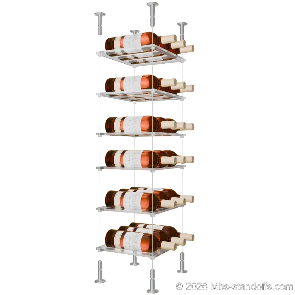 Sauvignon - Loire Collection Bottle Display Cable Cradle Kit, 18-Bottle (3x6) Capacity, Floating Cable System, 3-Bottle Flat Acrylic Cradle, Cable: 1/16″ Diameter, 13′-1″ Length with Clear Anodized Hanger