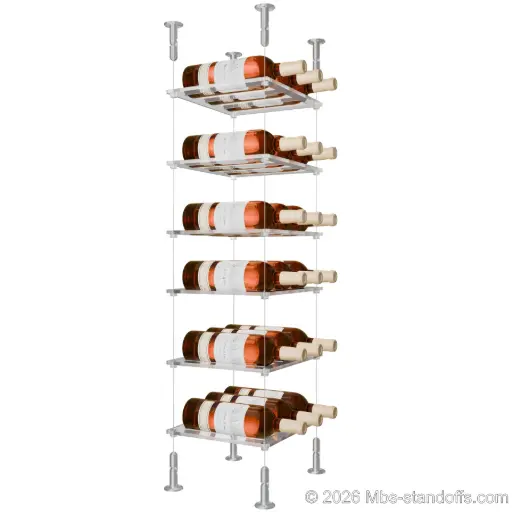[CS15A-CF03C-K6] Sauvignon - Loire Collection Bottle Display Cable Cradle Kit, 18-Bottle (3x6) Capacity, Floating Cable System, 3-Bottle Flat Acrylic Cradle, Cable: 1/16″ Diameter, 13′-1″ Length with Clear Anodized Hanger
