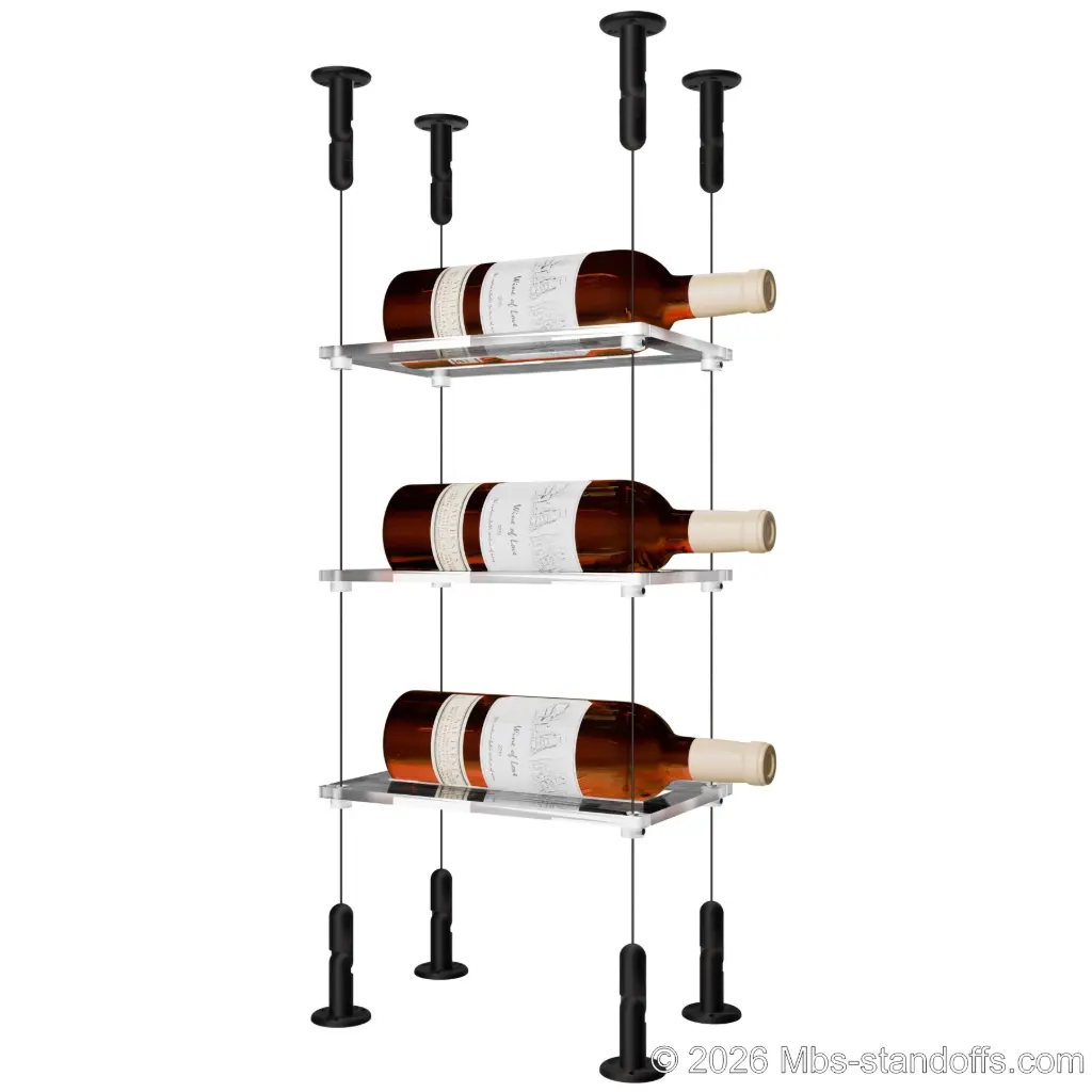 Sauvignon - Loire Collection Bottle Display Cable Cradle Kit, 3-Bottle Capacity, Floating Cable System, 1-Bottle Flat Acrylic Cradle, Cable: 1/16″ Diameter, 13′-1″ Length with Matte Black Anodized Hanger