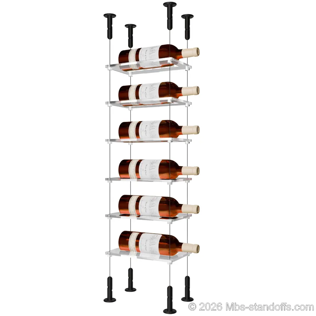 Sauvignon - Loire Collection Bottle Display Cable Cradle Kit, 6-Bottle Capacity, Floating Cable System, 1-Bottle Flat Acrylic Cradle, Cable: 1/16″ Diameter, 13′-1″ Length with Matte Black Anodized Hanger