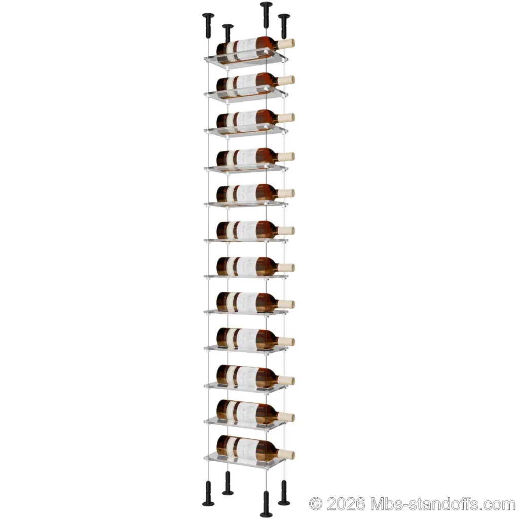 Sauvignon - Loire Collection Bottle Display Cable Cradle Kit, 12-Bottle Capacity, Floating Cable System, 1-Bottle Flat Acrylic Cradle, Cable: 1/16″ Diameter, 13′-1″ Length with Matte Black Anodized Hanger