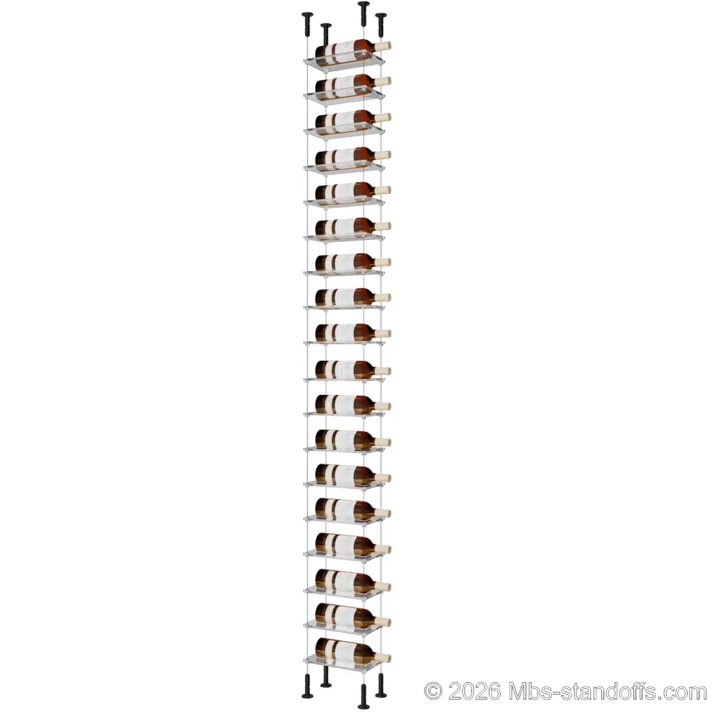 Sauvignon - Loire Collection Bottle Display Cable Cradle Kit, 18-Bottle Capacity, Floating Cable System, 1-Bottle Flat Acrylic Cradle, Cable: 1/16″ Diameter, 13′-1″ Length with Matte Black Anodized Hanger