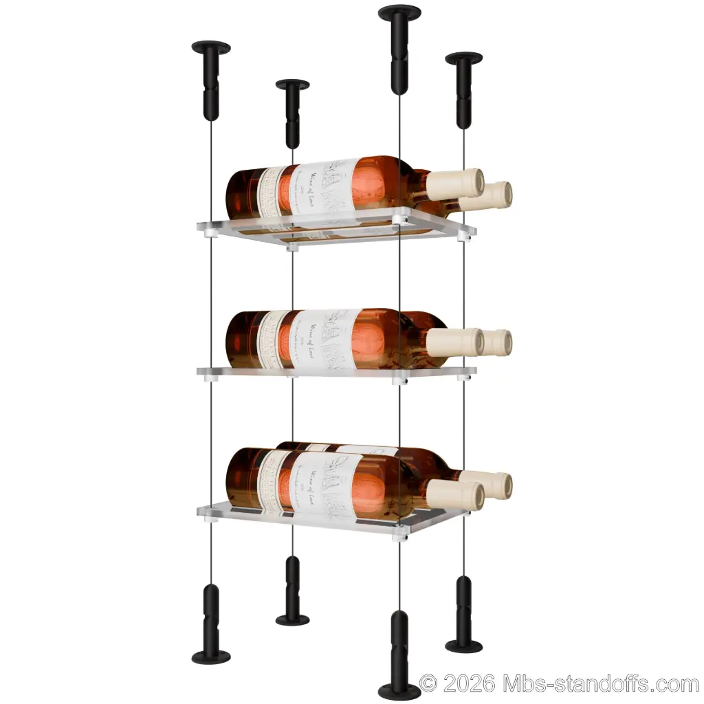 Sauvignon - Loire Collection Bottle Display Cable Cradle Kit, 6-Bottle (2x3) Capacity, Floating Cable System, 2-Bottle Flat Acrylic Cradle, Cable: 1/16″ Diameter, 13′-1″ Length with Matte Black Anodized Hanger