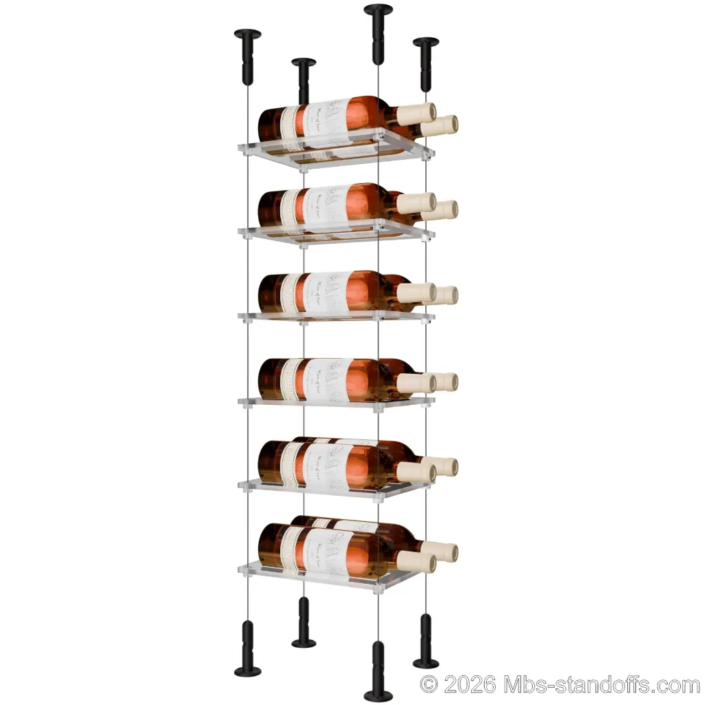 Sauvignon - Loire Collection Bottle Display Cable Cradle Kit, 12-Bottle (2x6) Capacity, Floating Cable System, 2-Bottle Flat Acrylic Cradle, Cable: 1/16″ Diameter, 13′-1″ Length with Matte Black Anodized Hanger