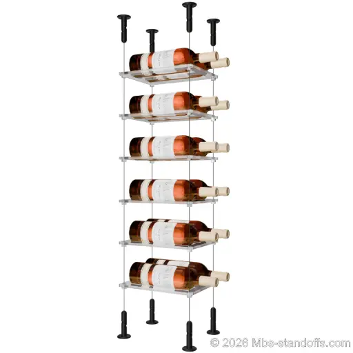 [CS15MB-CF02C-K6] Sauvignon - Loire Collection Bottle Display Cable Cradle Kit, 12-Bottle (2x6) Capacity, Floating Cable System, 2-Bottle Flat Acrylic Cradle, Cable: 1/16″ Diameter, 13′-1″ Length with Matte Black Anodized Hanger