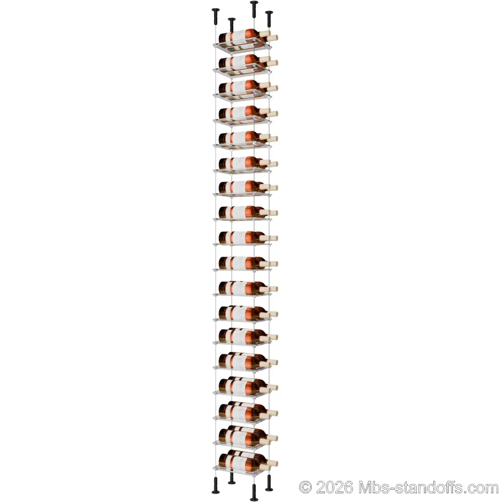 Sauvignon - Loire Collection Bottle Display Cable Cradle Kit, 36-Bottle (2x18) Capacity, Floating Cable System, 2-Bottle Flat Acrylic Cradle, Cable: 1/16″ Diameter, 13′-1″ Length with Matte Black Anodized Hanger