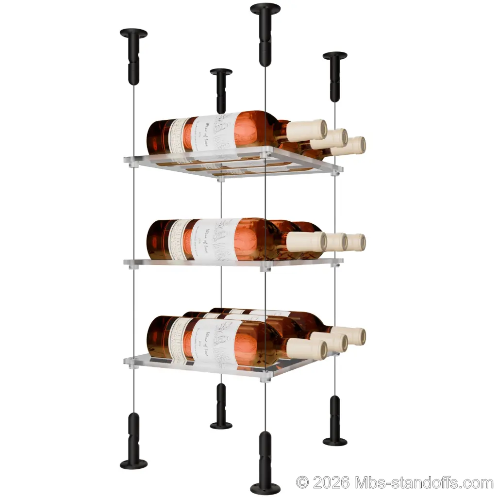 Sauvignon - Loire Collection Bottle Display Cable Cradle Kit, 9-Bottle (3x3) Capacity, Floating Cable System, 3-Bottle Flat Acrylic Cradle, Cable: 1/16″ Diameter, 13′-1″ Length with Matte Black Anodized Hanger
