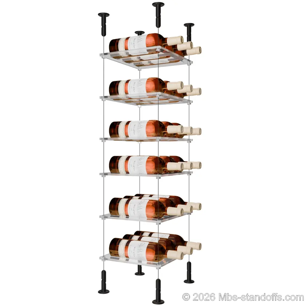 Sauvignon - Loire Collection Bottle Display Cable Cradle Kit, 18-Bottle (3x6) Capacity, Floating Cable System, 3-Bottle Flat Acrylic Cradle, Cable: 1/16″ Diameter, 13′-1″ Length with Matte Black Anodized Hanger