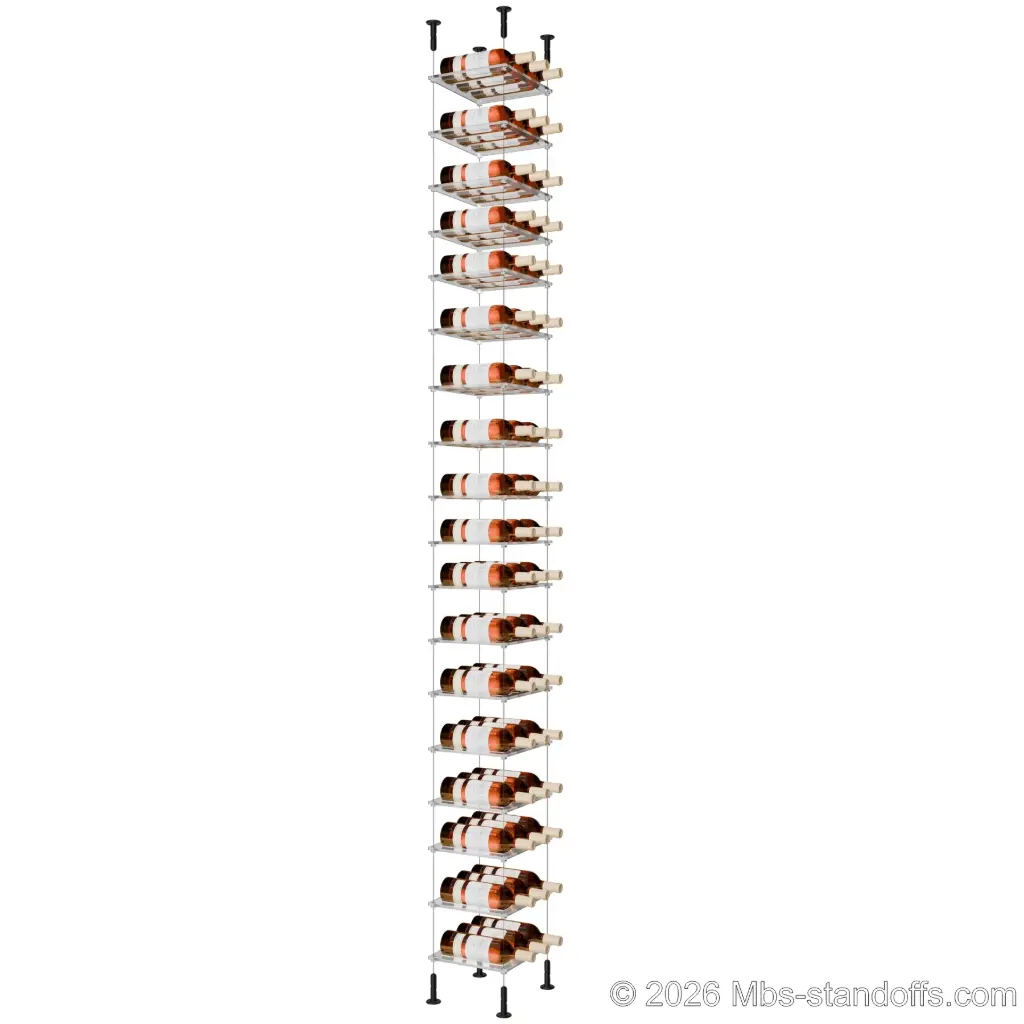 Sauvignon - Loire Collection Bottle Display Cable Cradle Kit, 54-Bottle (3x18) Capacity, Floating Cable System, 3-Bottle Flat Acrylic Cradle, Cable: 1/16″ Diameter, 13′-1″ Length with Matte Black Anodized Hanger
